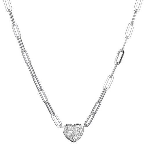 Silver chain necklace with a heart-shaped pendant.