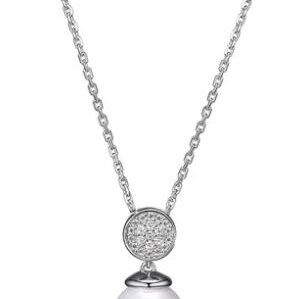 Elegant silver necklace with a sparkling circular pendant.
