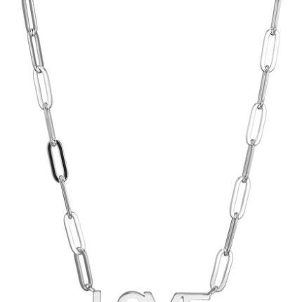 Silver chain necklace with rectangular links and one black link.