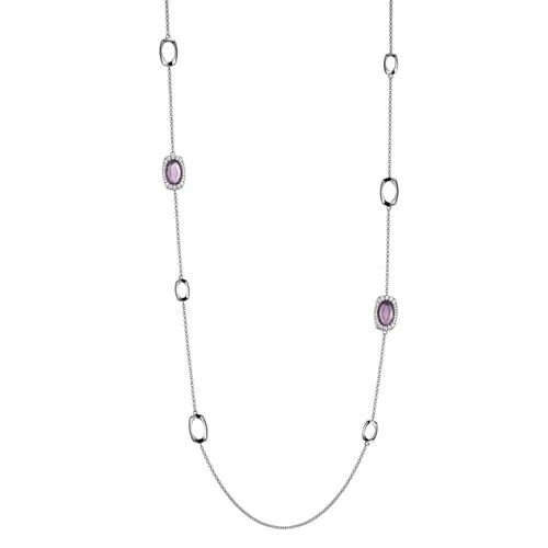 Elegant silver chain necklace with spaced purple gemstones.