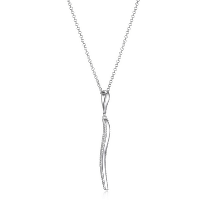 Elegant silver necklace with a slim, curved pendant.