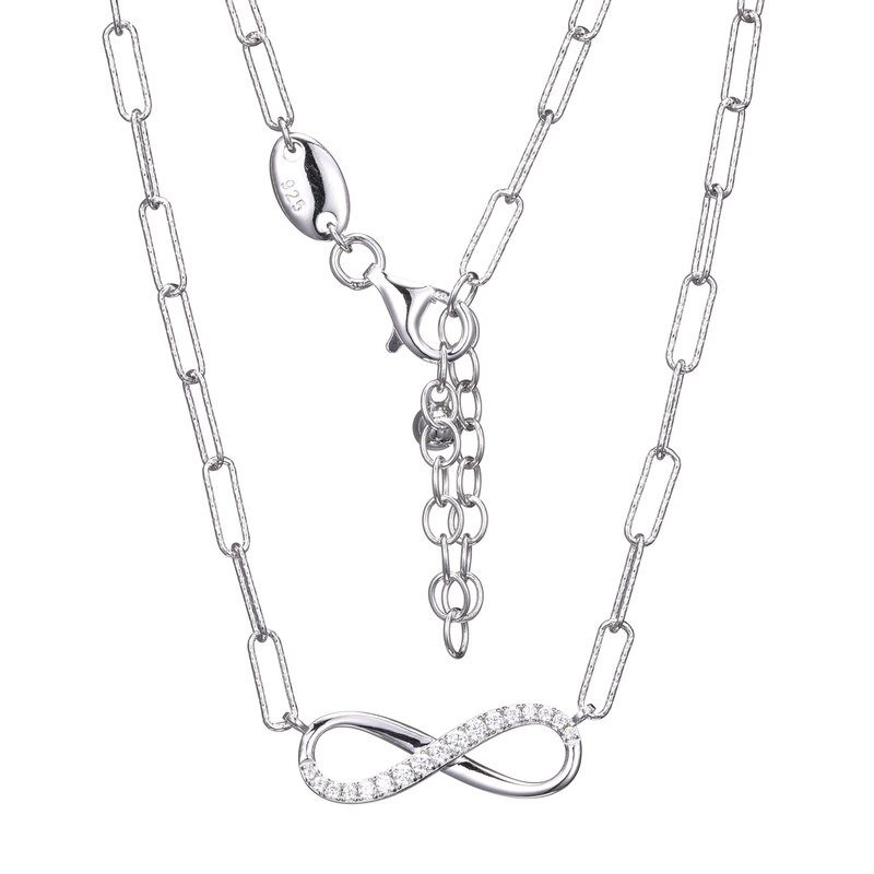 Silver infinity symbol necklace with adjustable chain.