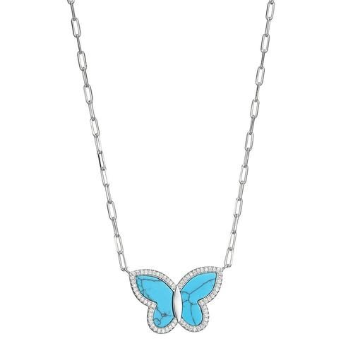 Silver necklace with a blue butterfly pendant.