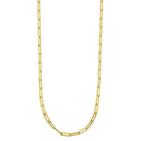 Elegant gold chain necklace with rectangular links.