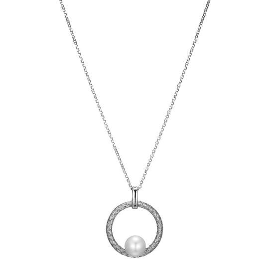Elegant silver necklace with a circular pendant and a single pearl inside.