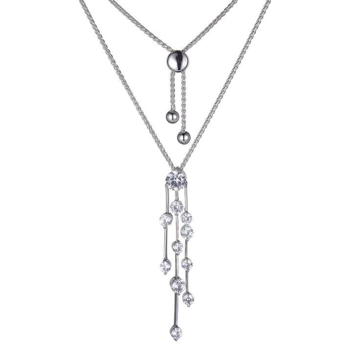 Elegant silver layered necklace with dangling pendants.