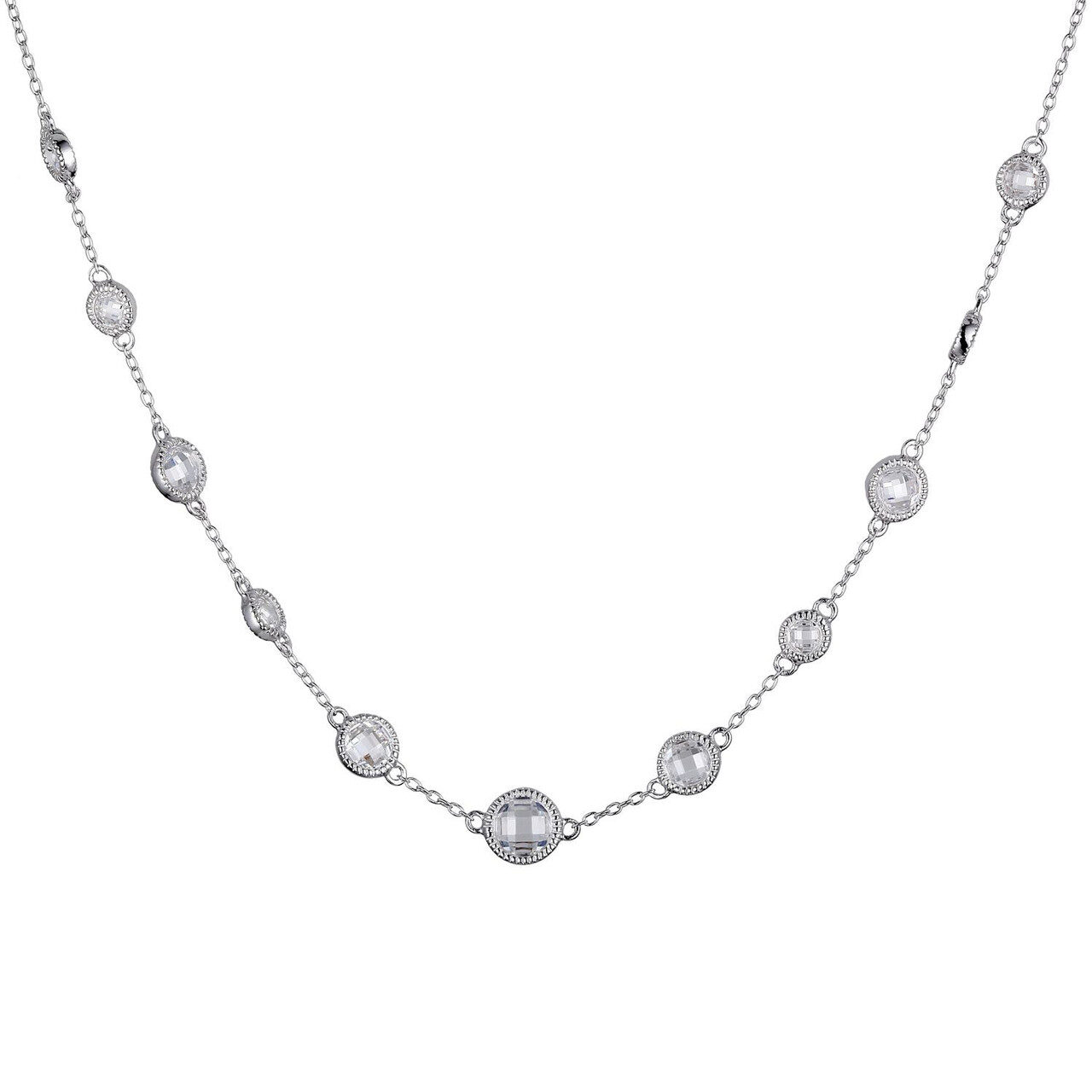 Elegant silver necklace with multiple gemstone settings.
