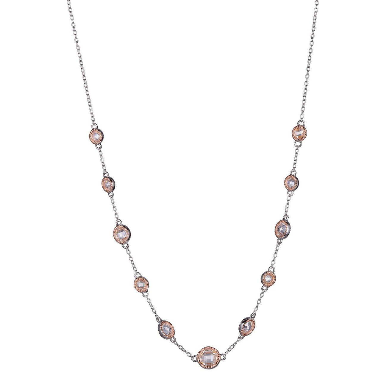 Elegant silver necklace with round pink gemstones.