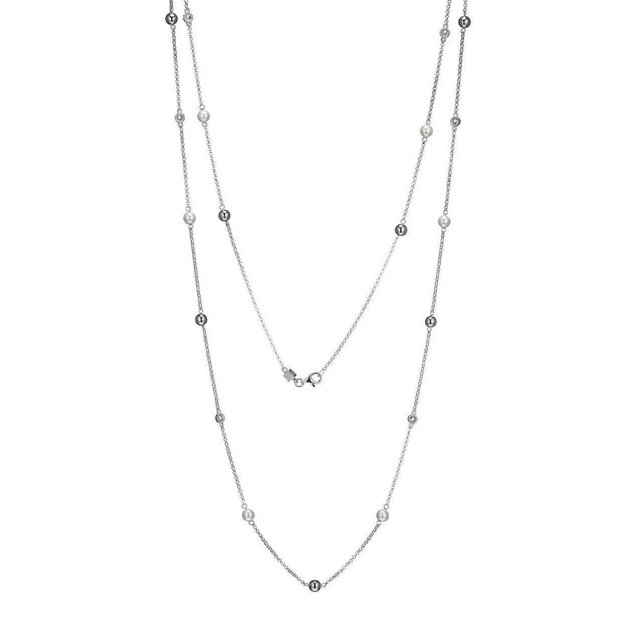 Elegant double-layered silver necklace with small bead accents.