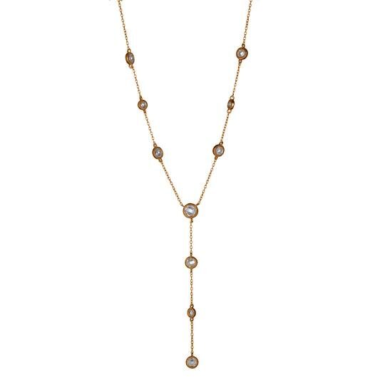 Elegant gold necklace with small, evenly spaced beads and a Y-shaped drop design.
