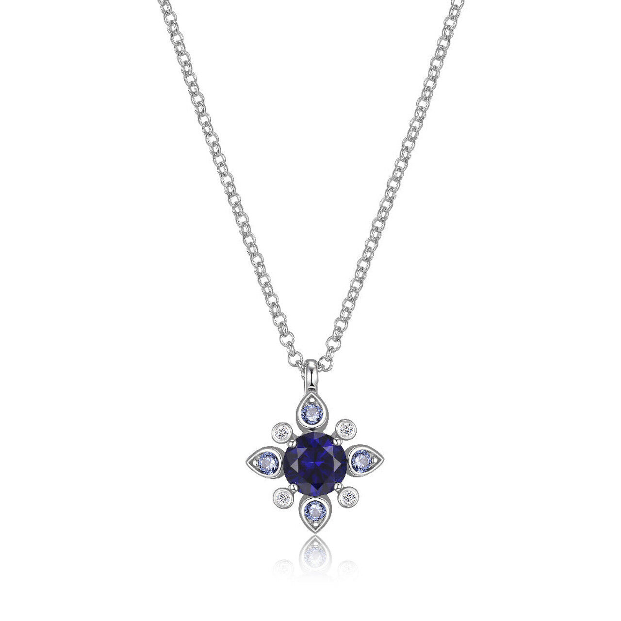 Elegant silver necklace with a floral pendant featuring blue and clear stones.
