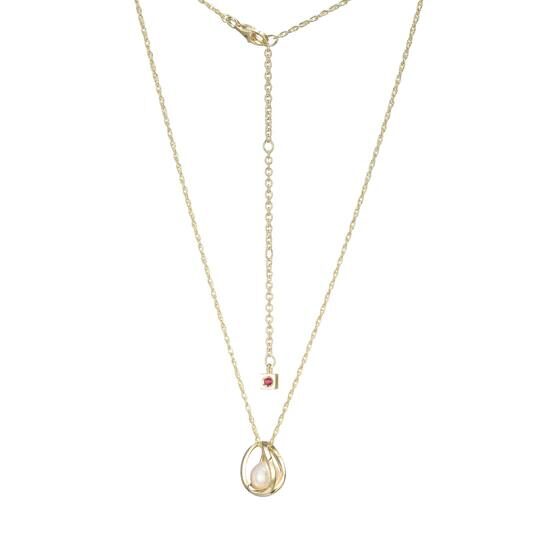 Elegant layered gold necklace with pearl and pink gemstone pendants.