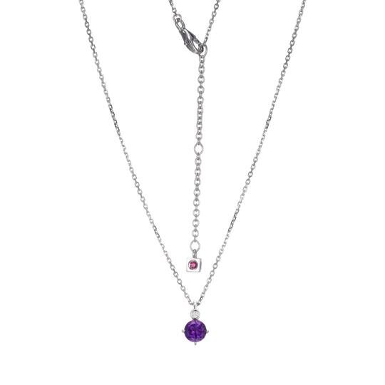 Elegant silver necklace with a purple gemstone pendant and a small clear gem above it.