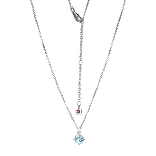 Elegant dual-layer silver necklace with pink and blue gemstone pendants.