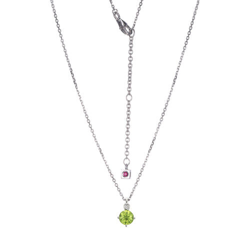 Double-layered silver necklace with green and pink gemstone pendants.