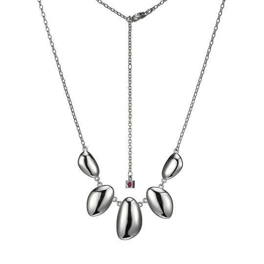 Silver necklace with five polished pendants and adjustable chain.