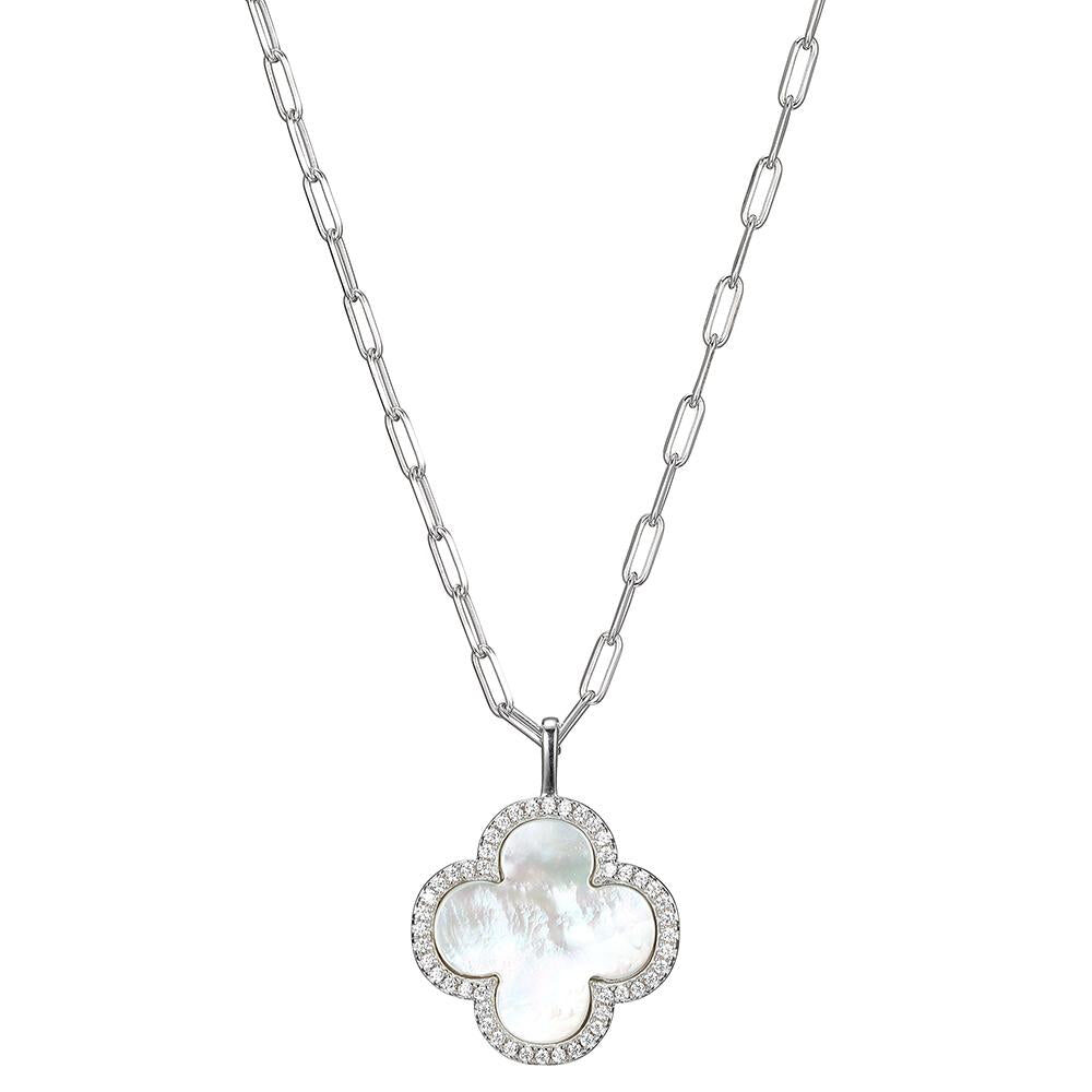 Elegant silver clover-shaped pendant necklace with intricate detailing.