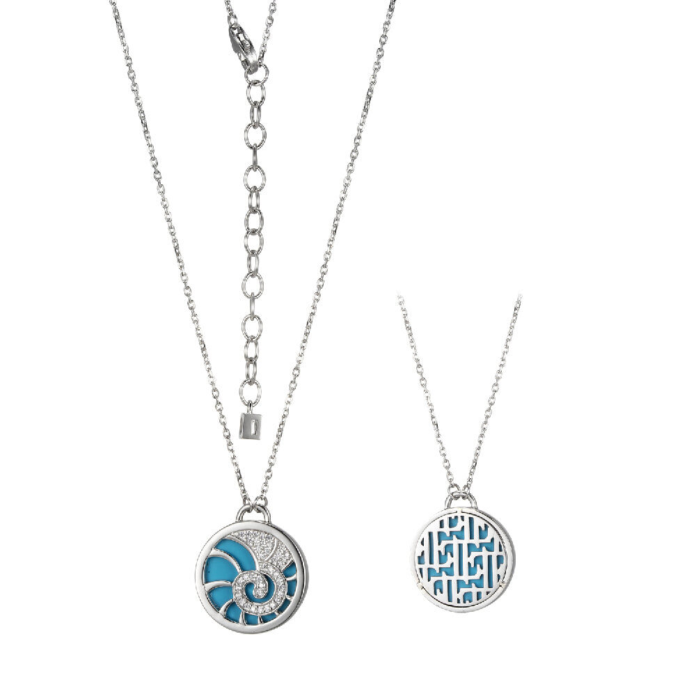 Two silver necklaces with blue and silver round pendants.