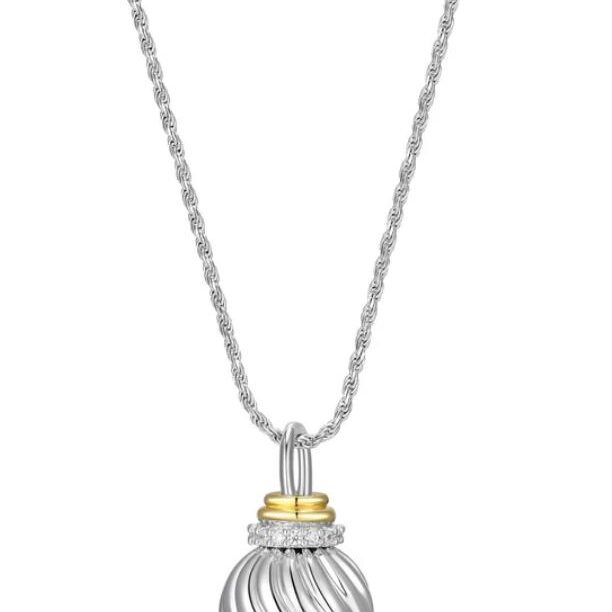 Elegant silver pendant necklace with gold accent on a chain.
