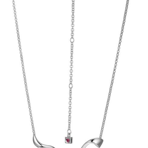 Elegant silver necklace with heart and curved bar pendants.