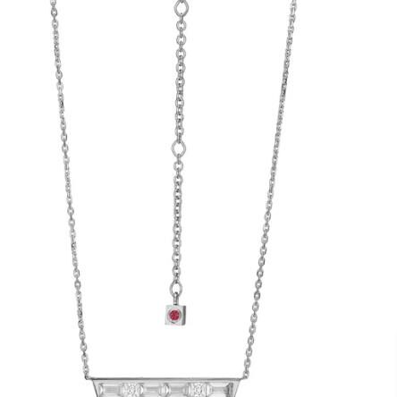 Elegant silver necklace with a red gemstone pendant.