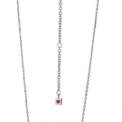 Elegant silver chain necklace with a small square pink gemstone pendant.