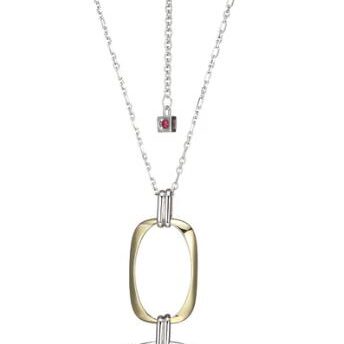 Elegant silver necklace with a rectangular gold pendant and a small pink gemstone.