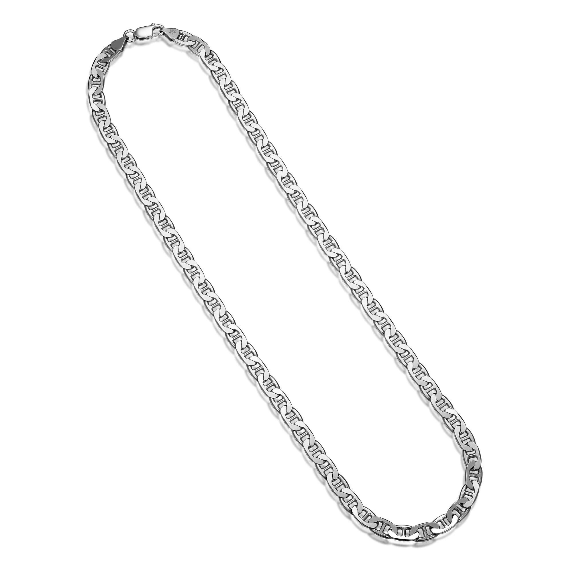 A silver chain necklace with a lobster clasp.