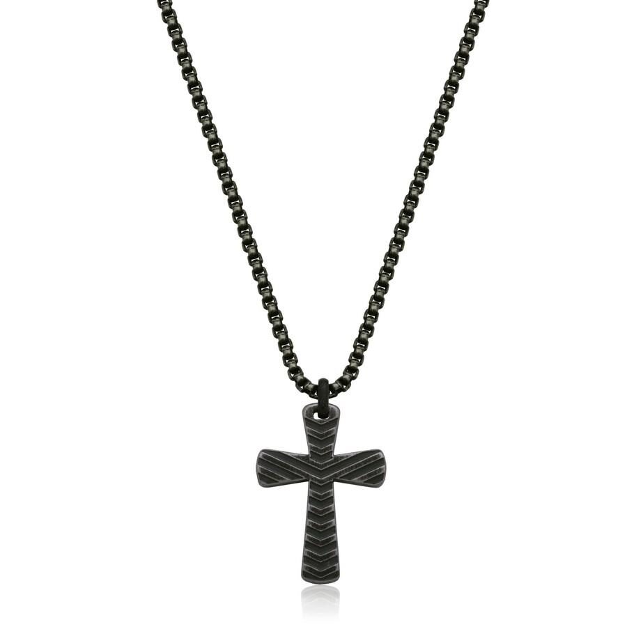 Black cross pendant necklace with a chain.