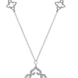 Elegant silver necklace with star-shaped accents and an intricate pendant.