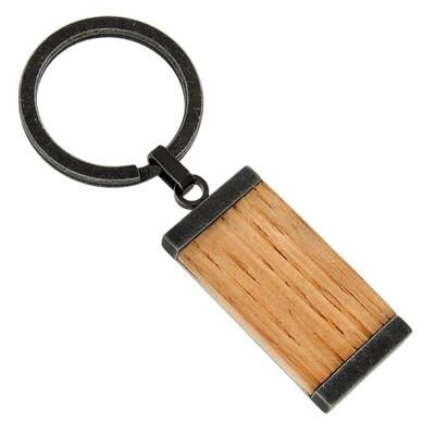 Wooden rectangular keychain with black metal ring.