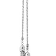 Silver necklace with two pendant charms on a white background.