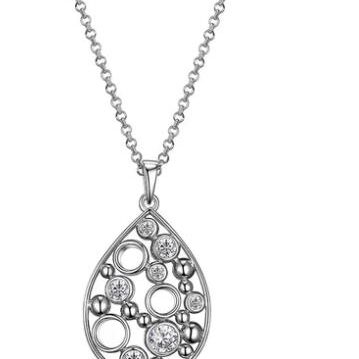Elegant silver teardrop pendant necklace with intricate circular designs.