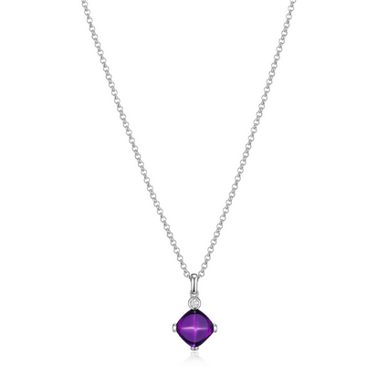 Elegant silver necklace with a purple gemstone pendant.