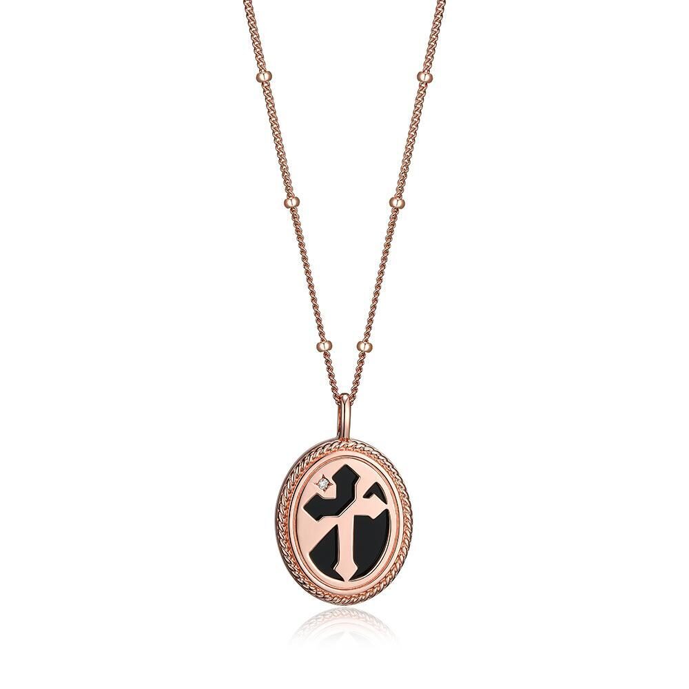 Elegant oval pendant necklace with a cross design on a delicate chain.