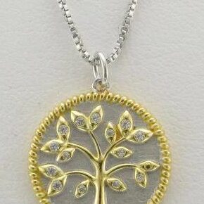 Silver and gold tree of life pendant on a chain.
