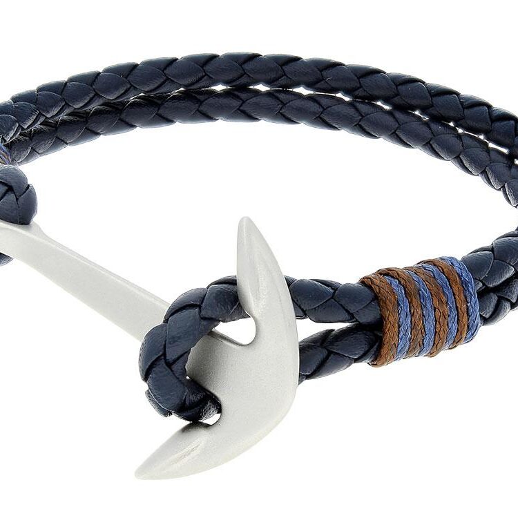 Navy blue braided leather bracelet with silver anchor clasp.
