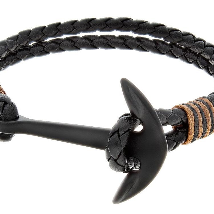 Black braided leather bracelet with an anchor clasp.
