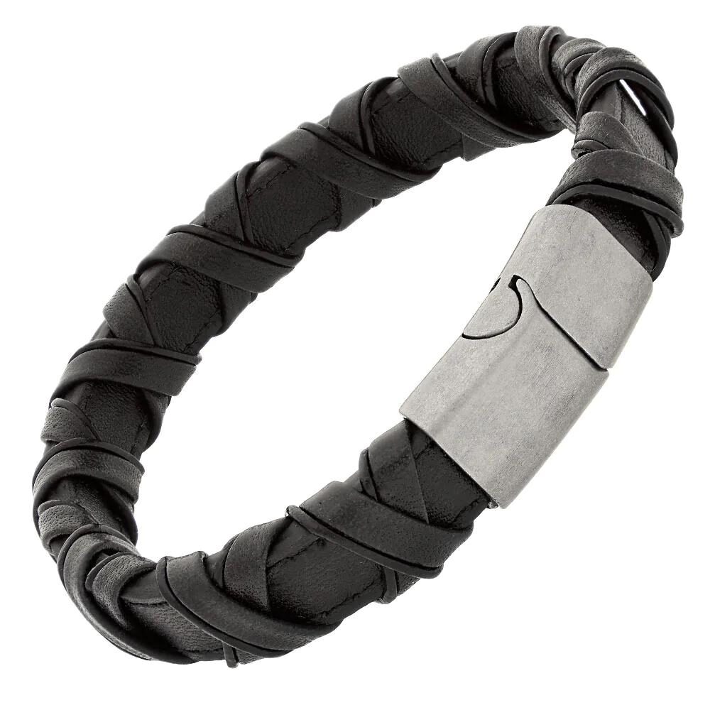 Black braided leather bracelet with a silver clasp.