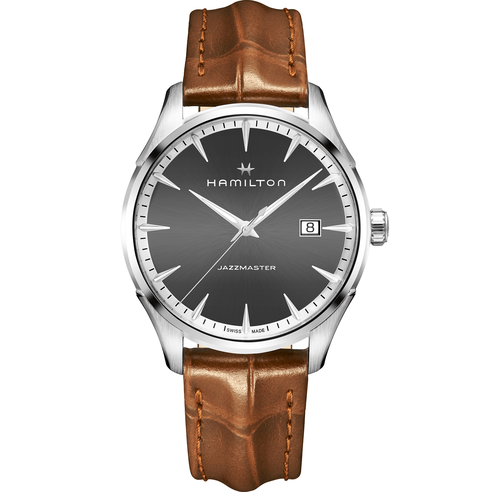 Elegant Hamilton wristwatch with a brown leather strap and black dial.