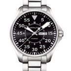 Stainless steel wristwatch with black dial and Arabic numerals.