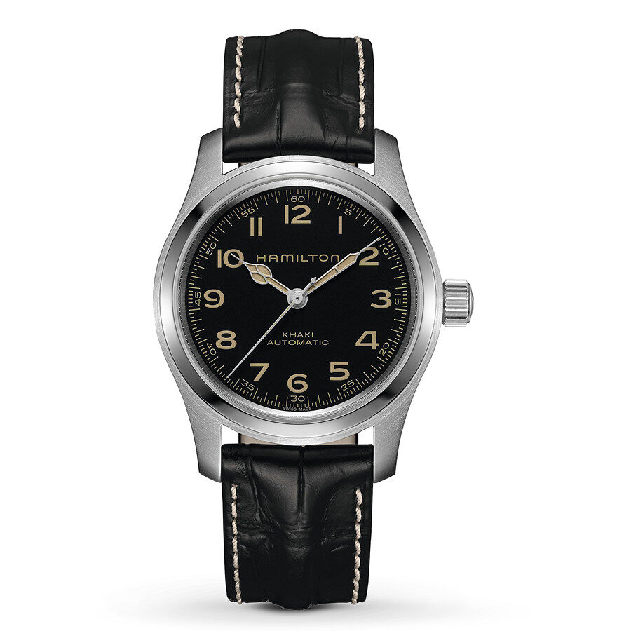 Classic wristwatch with black dial and leather strap.