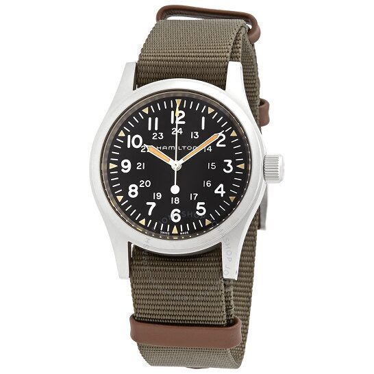 Military-style wristwatch with green fabric strap and black dial.