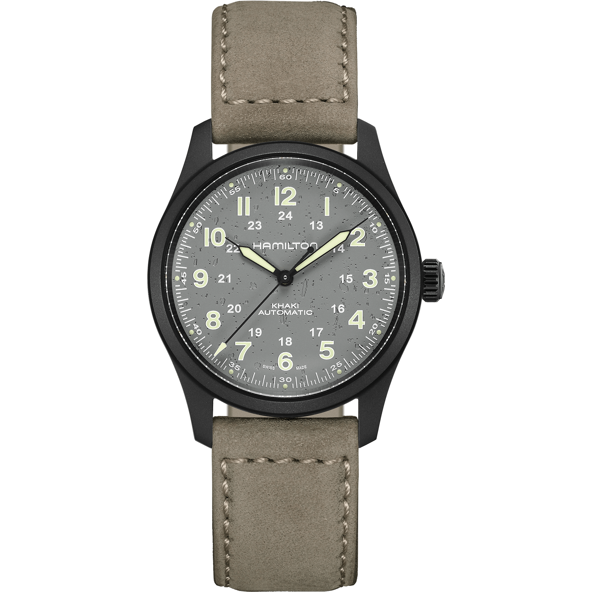 Gray analog wristwatch with black case and olive strap.