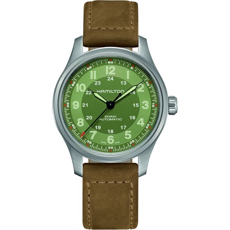 Classic wristwatch with green dial and brown leather strap.
