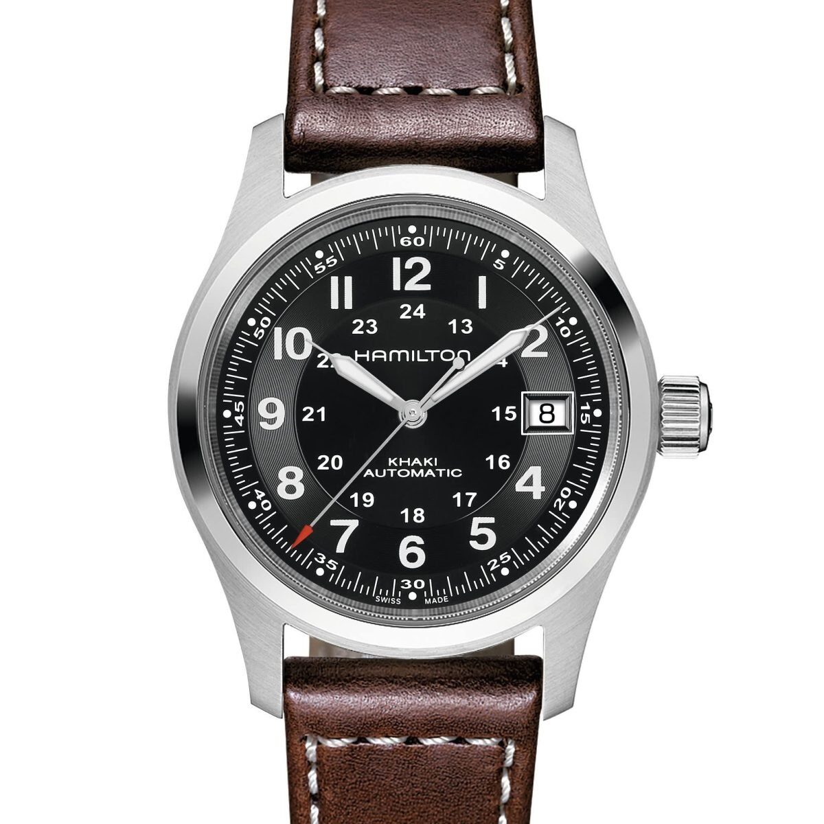 Classic Hamilton wristwatch with black dial and brown leather strap.