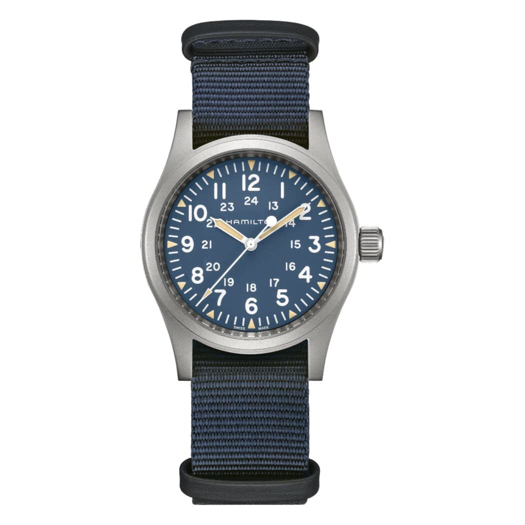 A wristwatch with a blue nylon strap and blue dial.