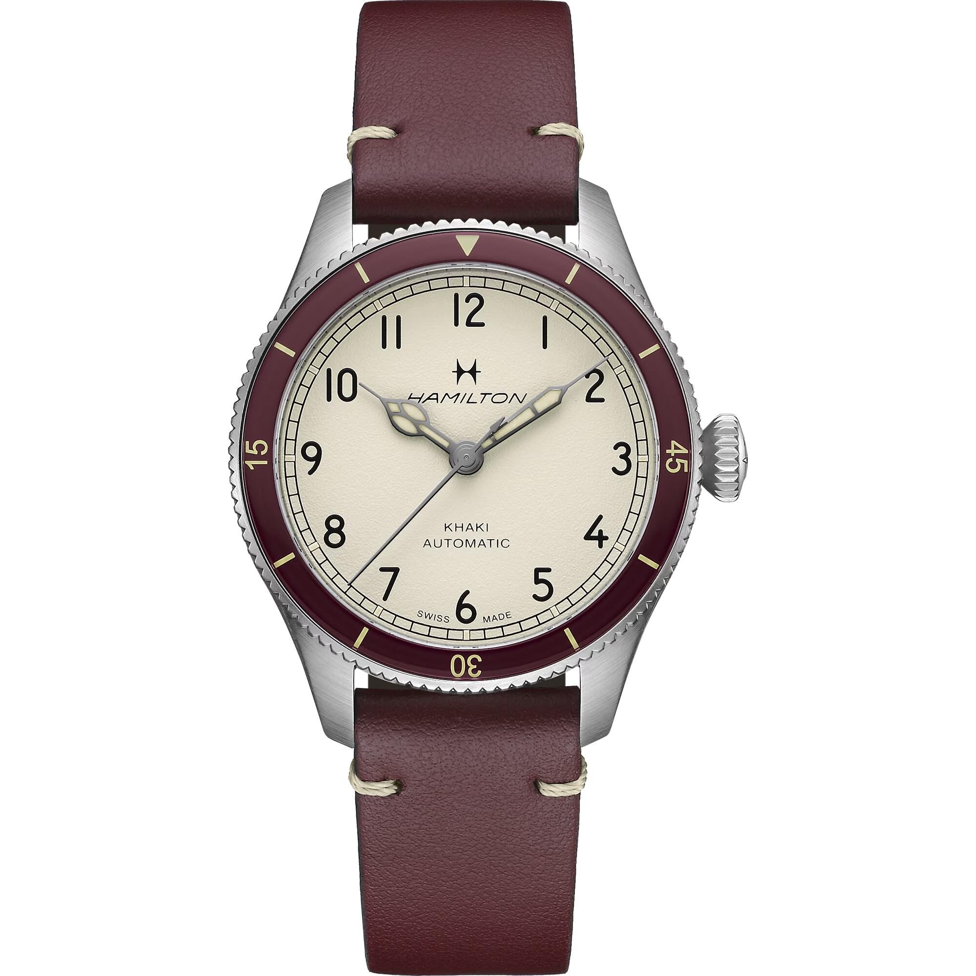 Classic wristwatch with a burgundy leather strap and cream dial.