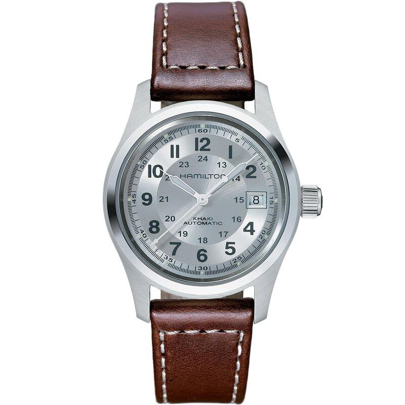Classic wristwatch with a silver dial and brown leather strap.