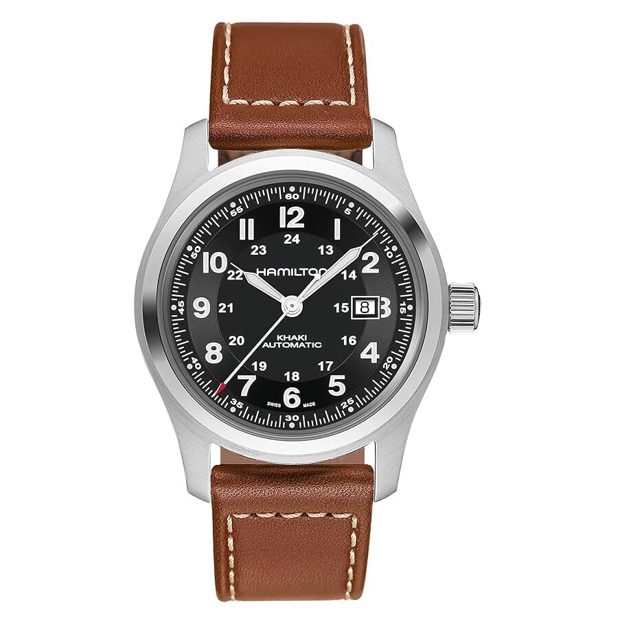 Classic wristwatch with brown leather strap and black dial.